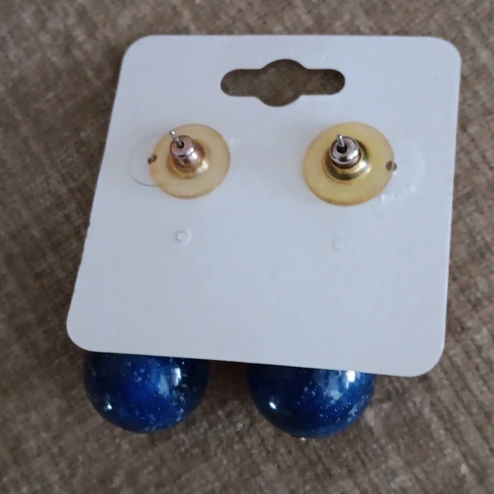 Gold Tone Faux Lapis Blue Dangle Bead Post Earrings
